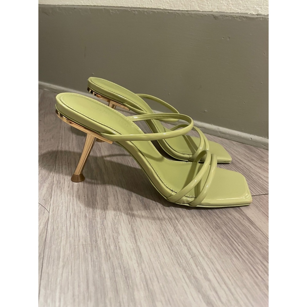 Cult Gaia Jila Lime Green Patent Leather Square Toe Gold Stiletto Heel Sandal 35 - Picture 6 of 7